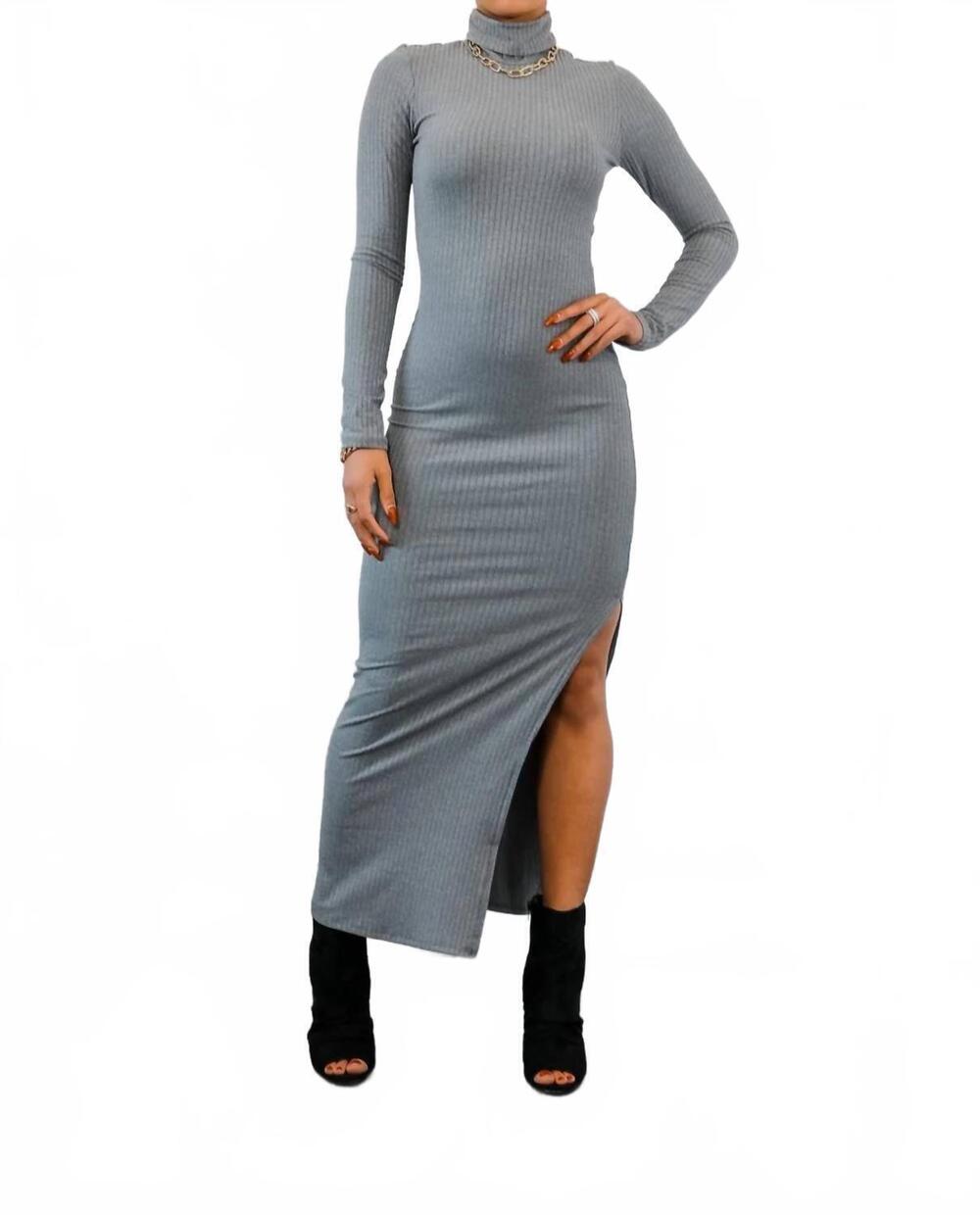 NEW SURELYMINE turtle neck maxi rib dress with side slit in grey
